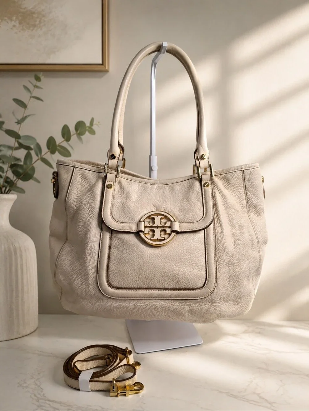 Tory Burch Amanda Classic Hobo Pebbled Leather Ivory Convertible Tote